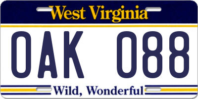 WV license plate OAK088
