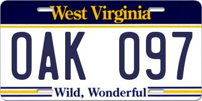 WV license plate OAK097
