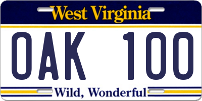 WV license plate OAK100
