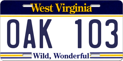 WV license plate OAK103