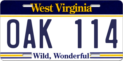 WV license plate OAK114