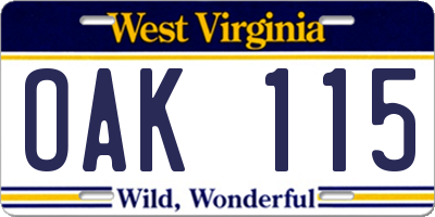WV license plate OAK115