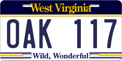 WV license plate OAK117