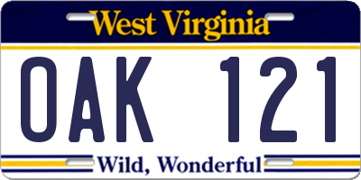 WV license plate OAK121