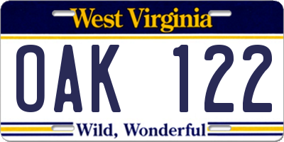 WV license plate OAK122
