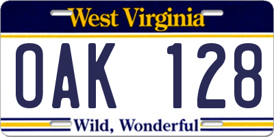 WV license plate OAK128