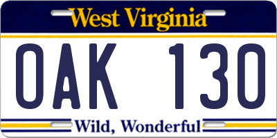 WV license plate OAK130