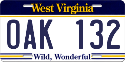 WV license plate OAK132