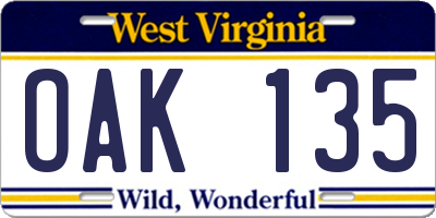 WV license plate OAK135