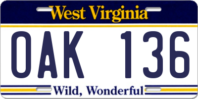 WV license plate OAK136