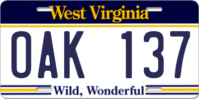 WV license plate OAK137