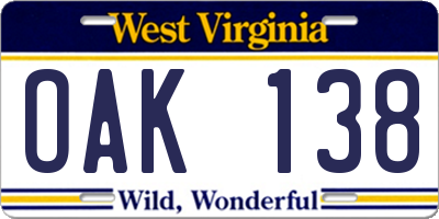 WV license plate OAK138