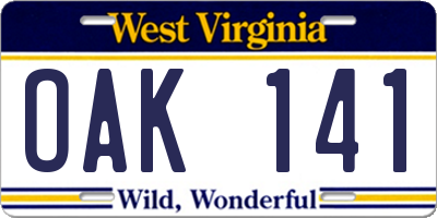 WV license plate OAK141