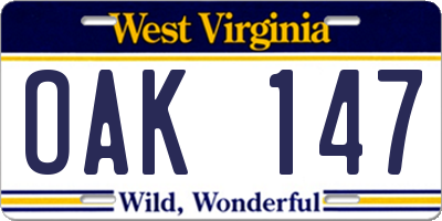 WV license plate OAK147