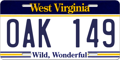 WV license plate OAK149