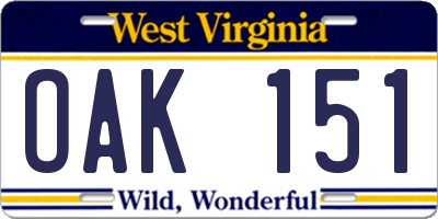 WV license plate OAK151
