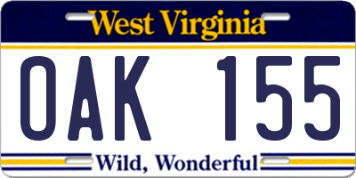 WV license plate OAK155
