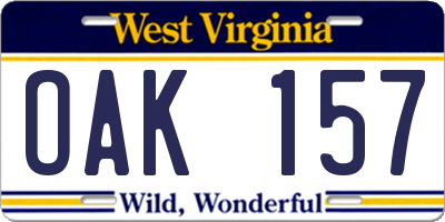 WV license plate OAK157