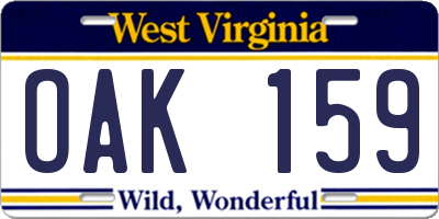 WV license plate OAK159