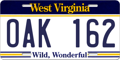 WV license plate OAK162