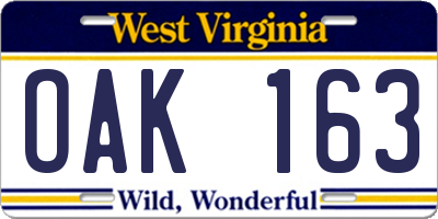 WV license plate OAK163