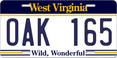 WV license plate OAK165