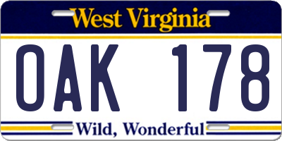 WV license plate OAK178
