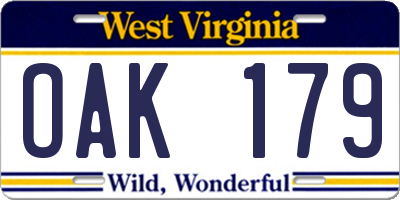 WV license plate OAK179