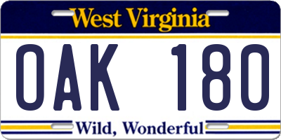 WV license plate OAK180