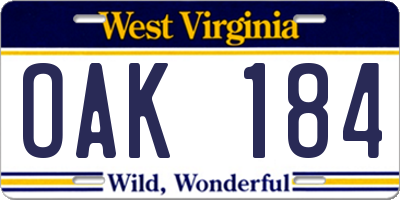 WV license plate OAK184