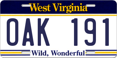 WV license plate OAK191