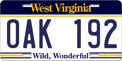 WV license plate OAK192