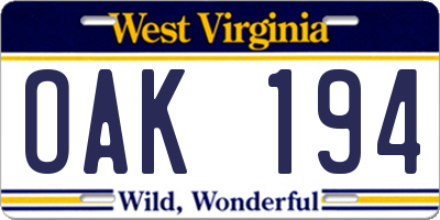 WV license plate OAK194