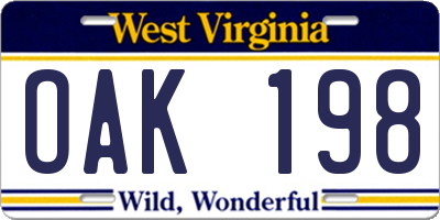 WV license plate OAK198