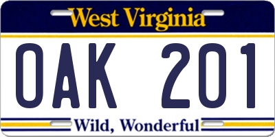 WV license plate OAK201