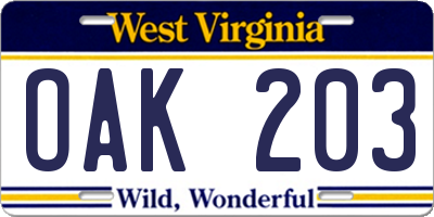 WV license plate OAK203