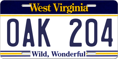 WV license plate OAK204