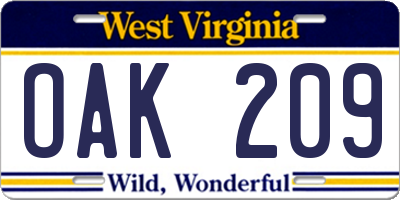 WV license plate OAK209