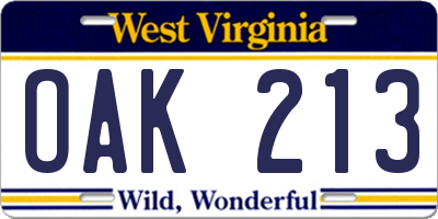 WV license plate OAK213