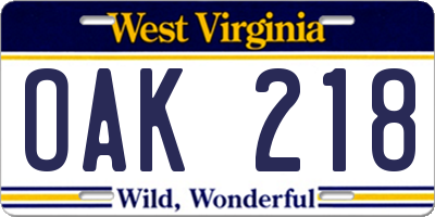 WV license plate OAK218