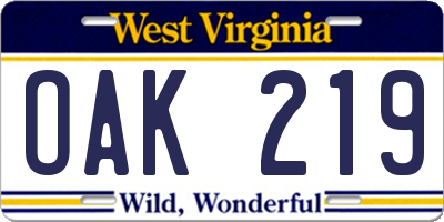 WV license plate OAK219