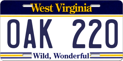 WV license plate OAK220
