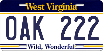 WV license plate OAK222