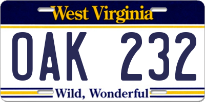 WV license plate OAK232