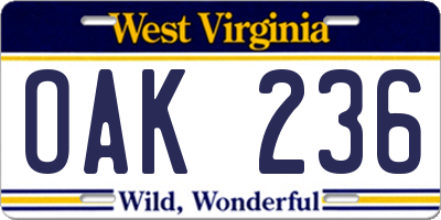 WV license plate OAK236