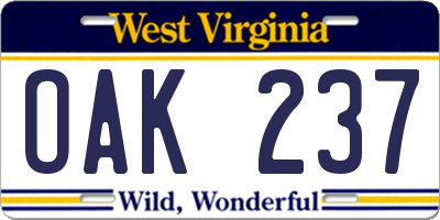 WV license plate OAK237