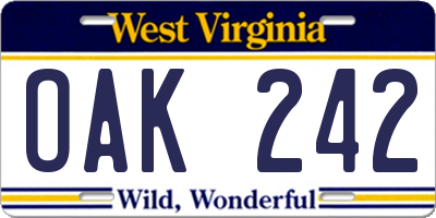 WV license plate OAK242