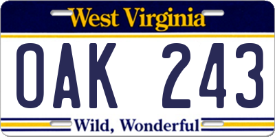WV license plate OAK243