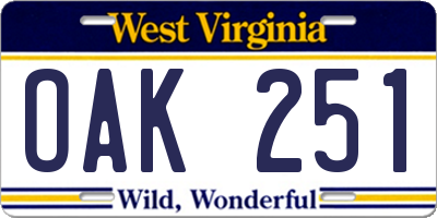 WV license plate OAK251