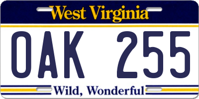 WV license plate OAK255